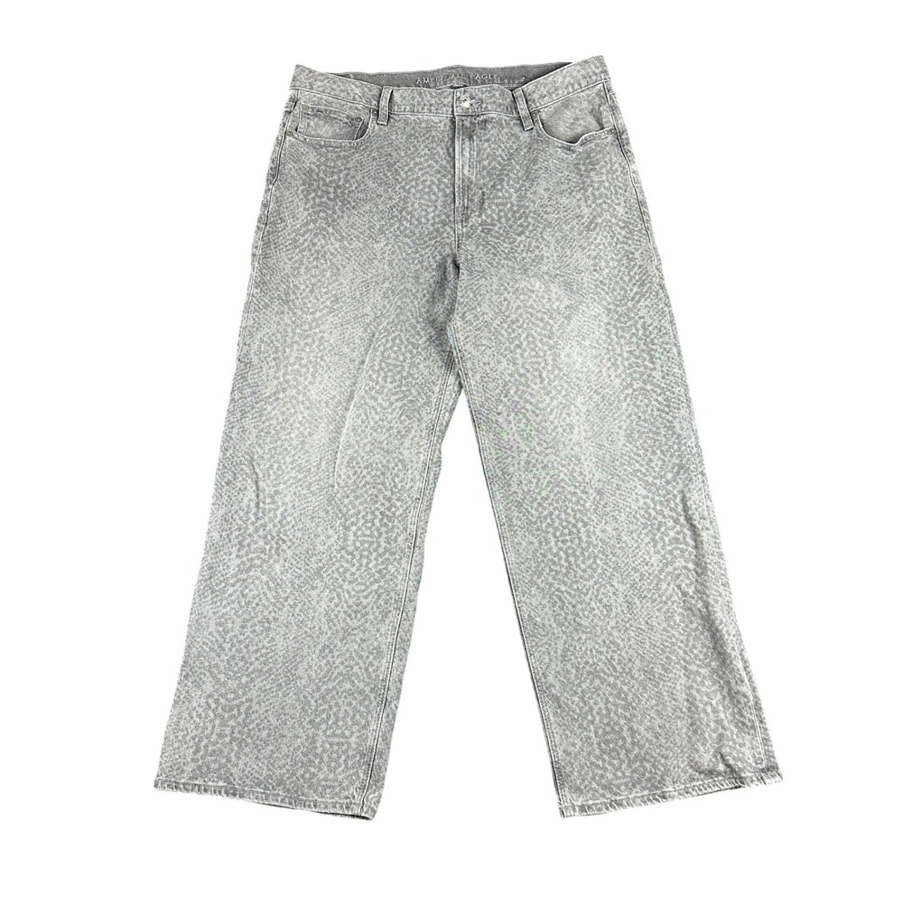 American Eagle Stovepipe Jeans Womens 14 Grey Animal Print Baggy Indie Stretch